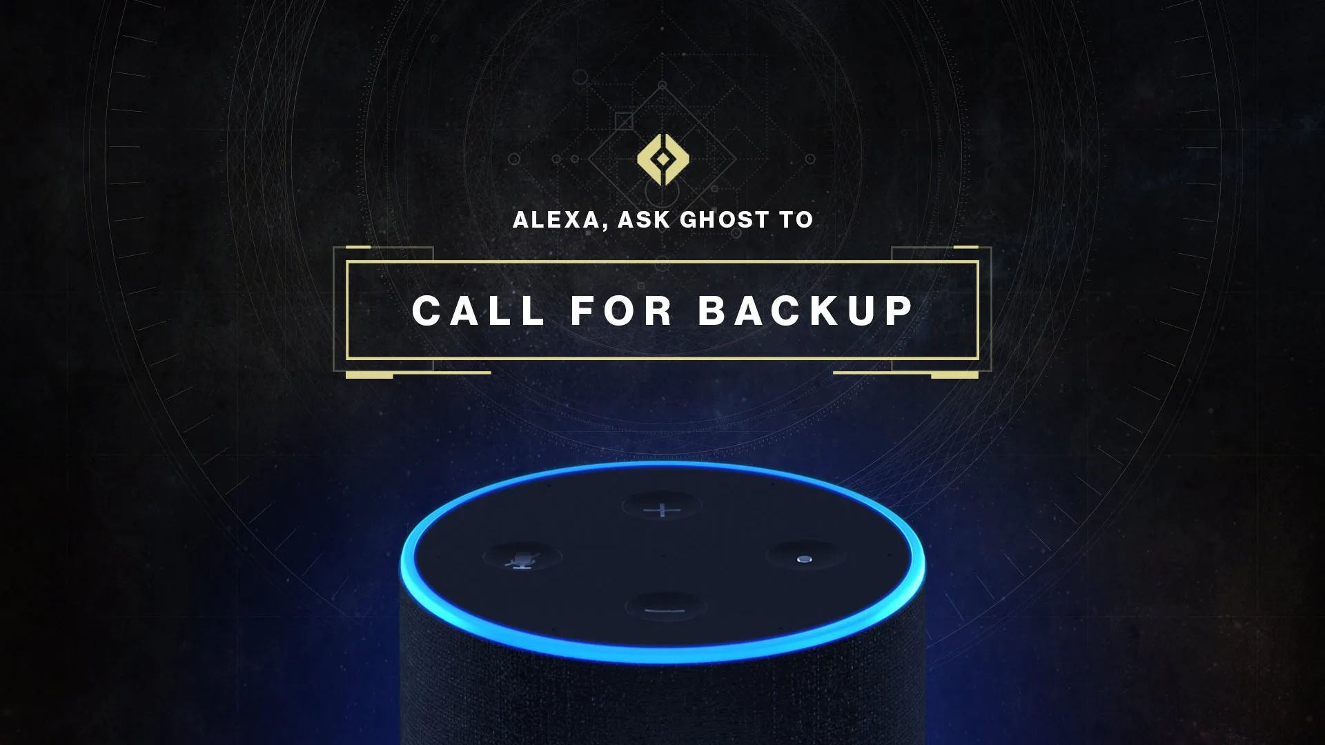 A digital image shows the top of an Amazon Echo device with a glowing blue ring. Above it, text reads: Alexa, ask Ghost to call for backup on a dark, tech-themed background.