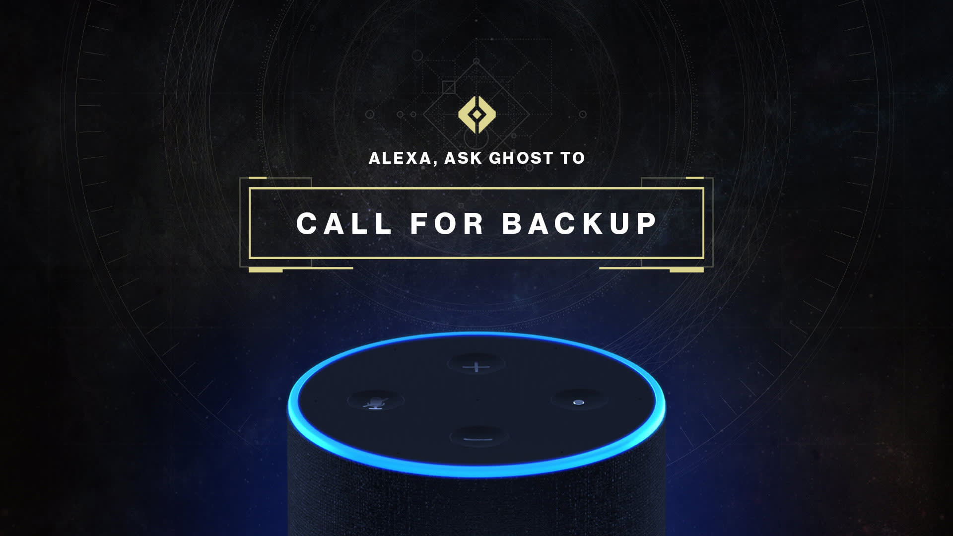 A digital image shows the top of an Amazon Echo device with a glowing blue ring. Above it, text reads: Alexa, ask Ghost to call for backup on a dark, tech-themed background.