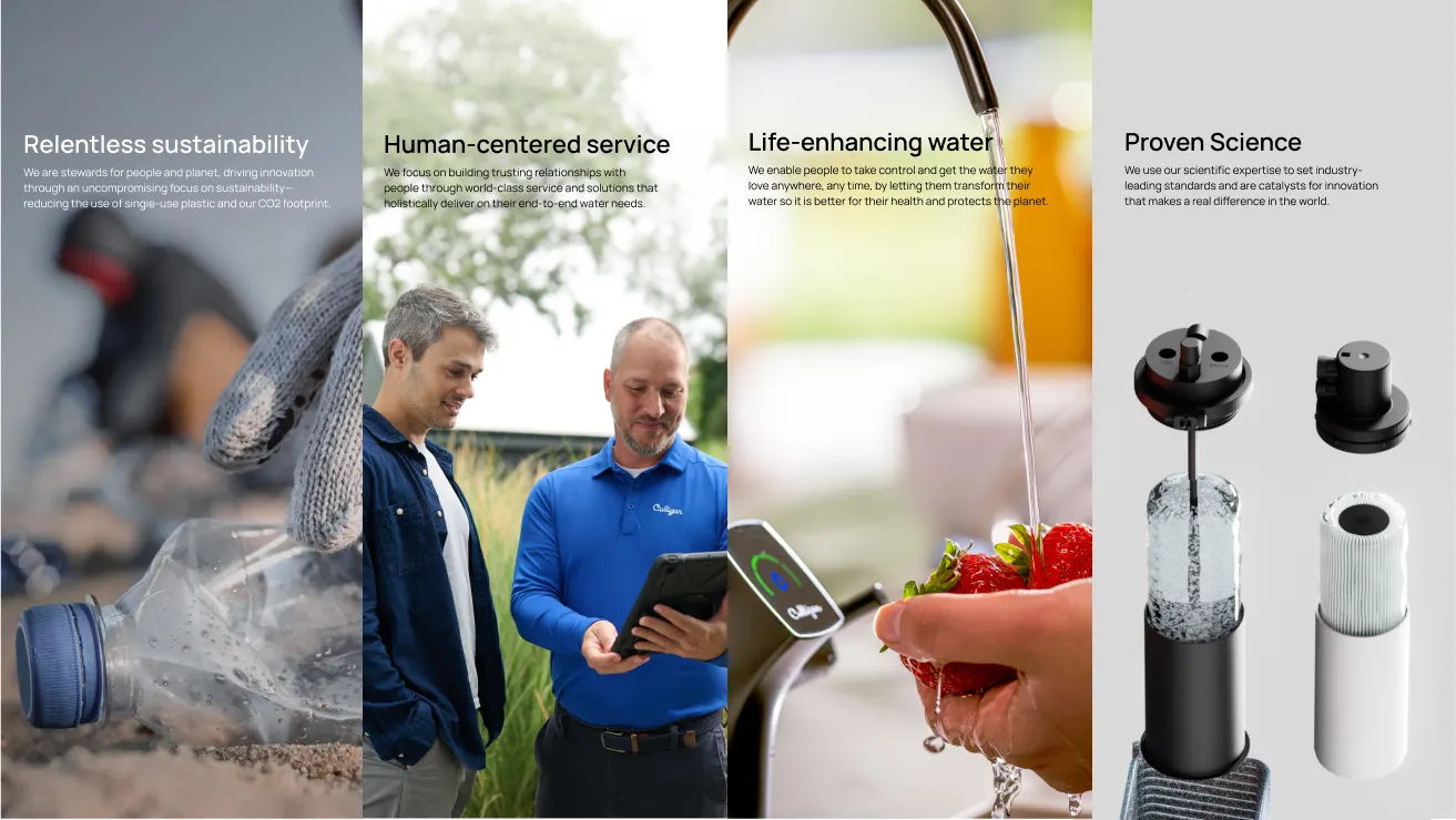 A split image showing: a gloved hand picking up a plastic bottle (relentless sustainability), two men using a tablet outside (human-centered service), water pouring over strawberries in a sink (life-enhancing water), and a cutaway of a water filter device (proven science).