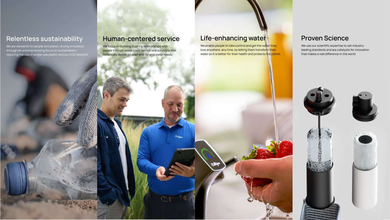A split image showing: a gloved hand picking up a plastic bottle (relentless sustainability), two men using a tablet outside (human-centered service), water pouring over strawberries in a sink (life-enhancing water), and a cutaway of a water filter device (proven science).