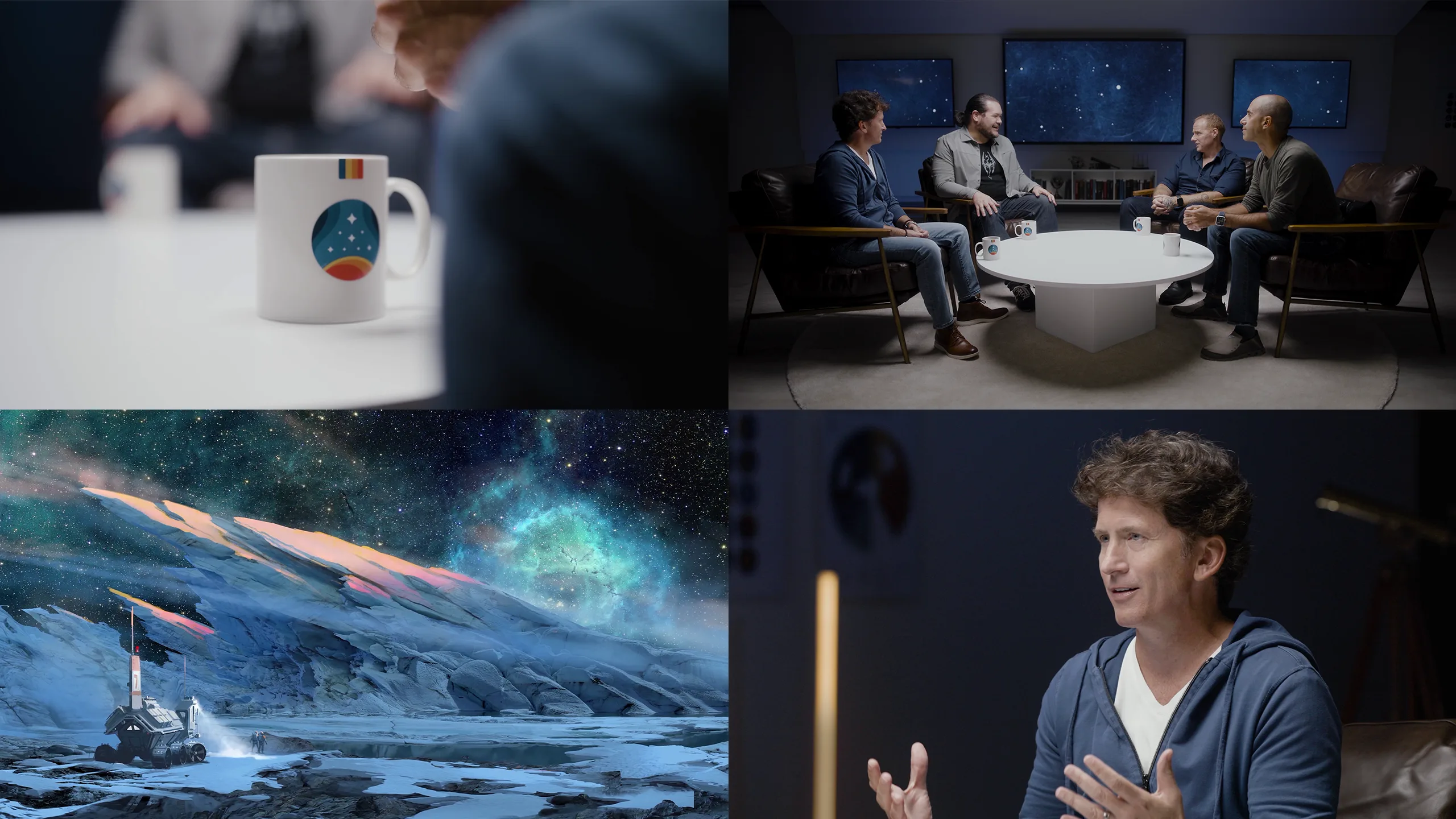 A collage of four images: a close-up of a mug with a space-themed logo; four people having a discussion in a modern studio; a vibrant illustration of a rover on an icy alien landscape; and a man speaking.