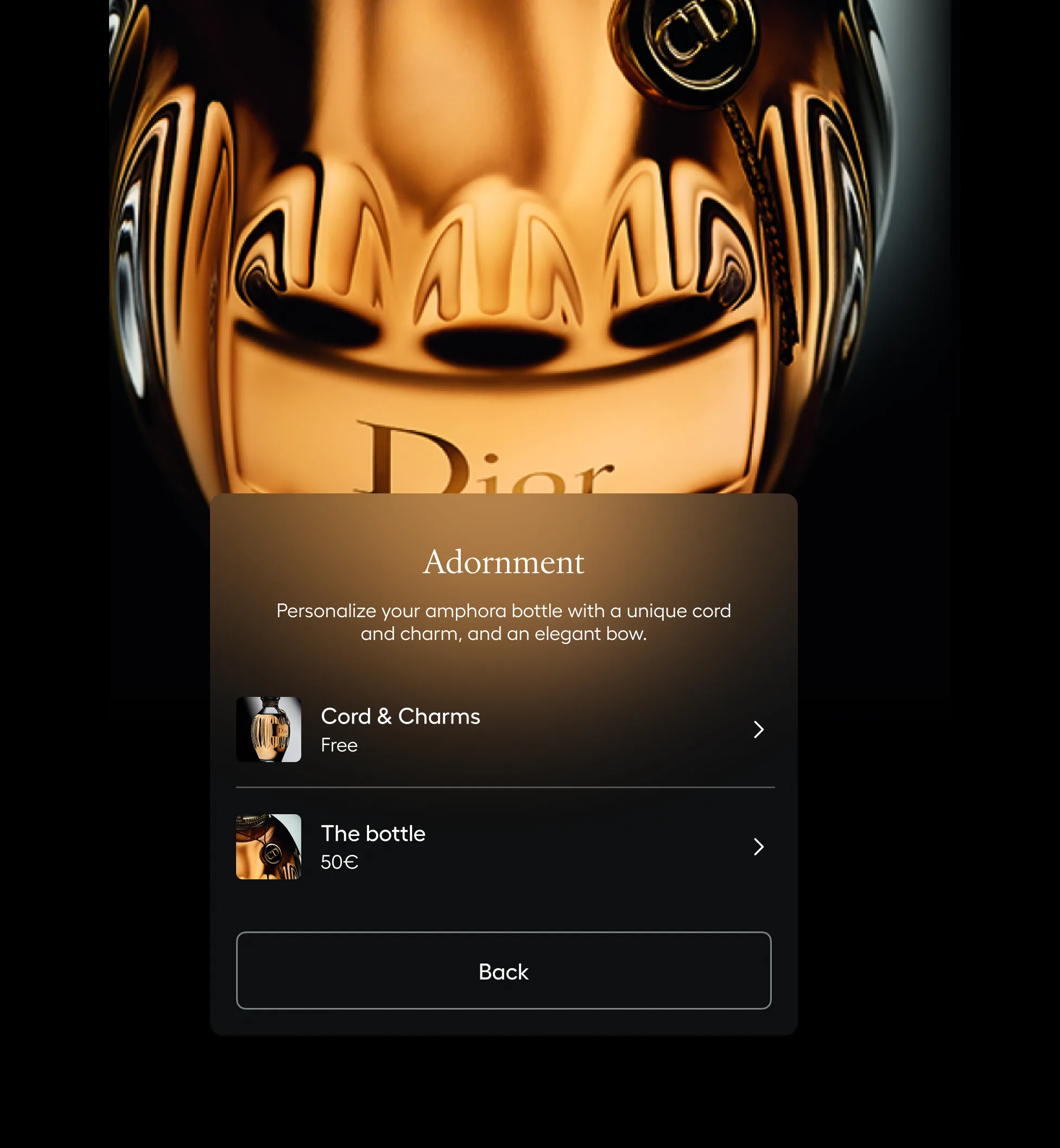 A close-up of a shiny golden Dior bottle with a screen overlay showing options to personalize it with a free cord and charms or to purchase the bottle for 50€. The screen has a Back button at the bottom.