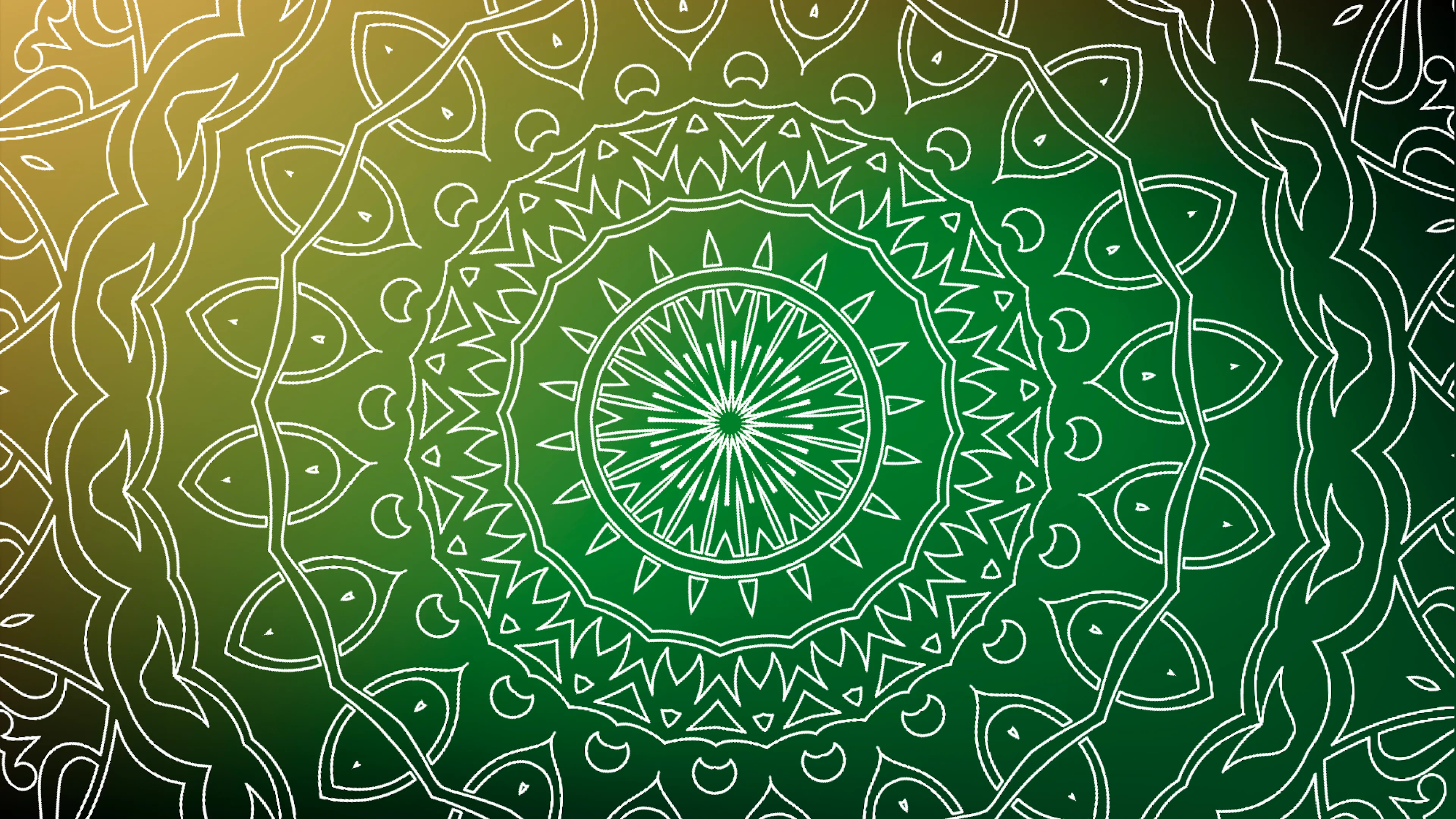 White intricate mandala pattern with geometric shapes and floral motifs on a green gradient background, radiating from the center outward in circular layers.