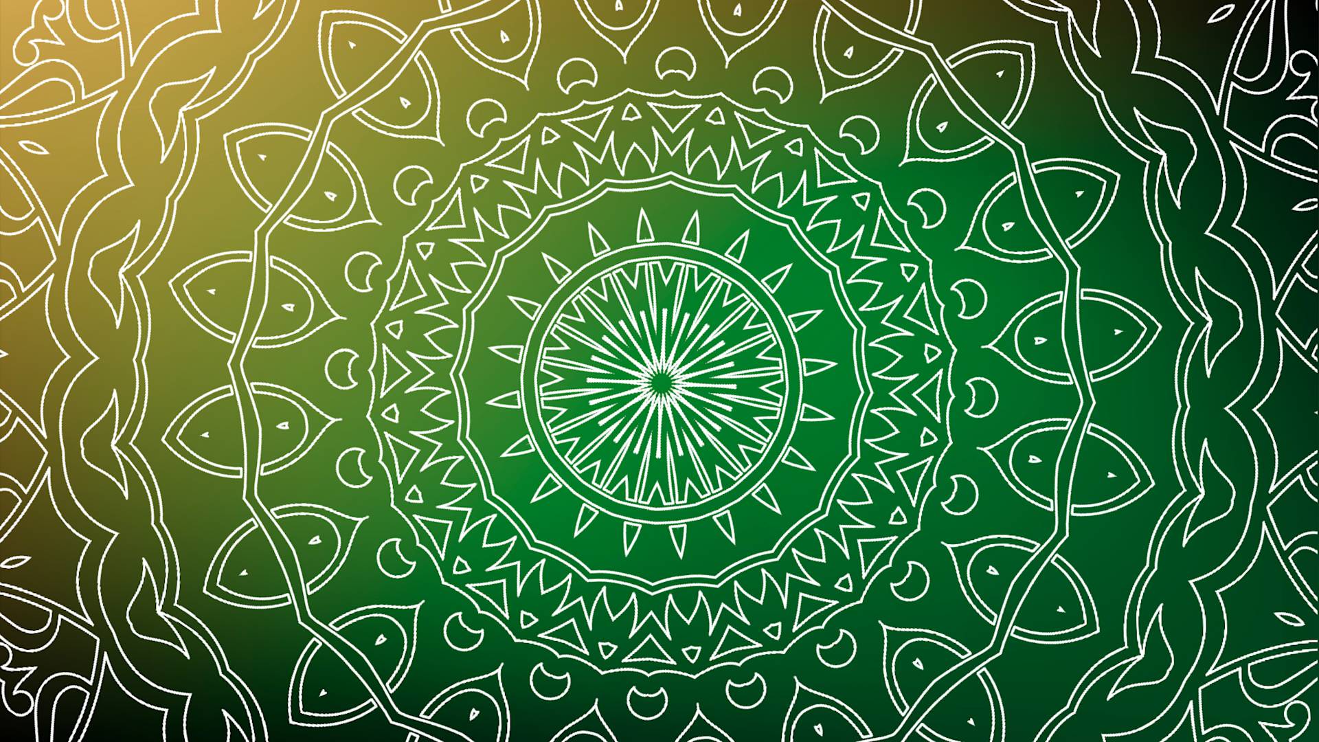 White intricate mandala pattern with geometric shapes and floral motifs on a green gradient background, radiating from the center outward in circular layers.
