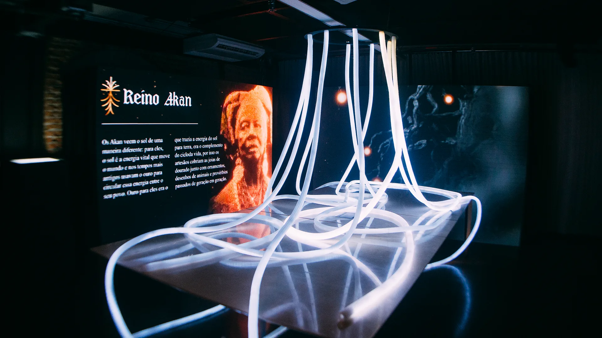An illuminated art installation with glowing white tubes displayed in front of a screen showing the text “Reino Akan” and an image of a person’s face. The background is dark, with dramatic lighting highlighting the exhibit.