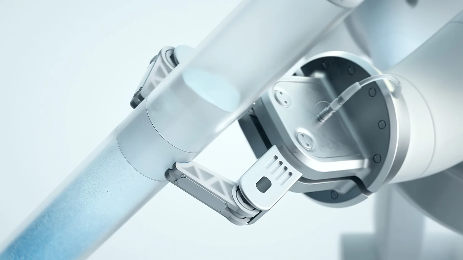 A close-up of a robotic arm with a gripper holding a transparent cylindrical tube, possibly used in a laboratory or medical setting. The background is minimal and softly lit, emphasizing the technology.