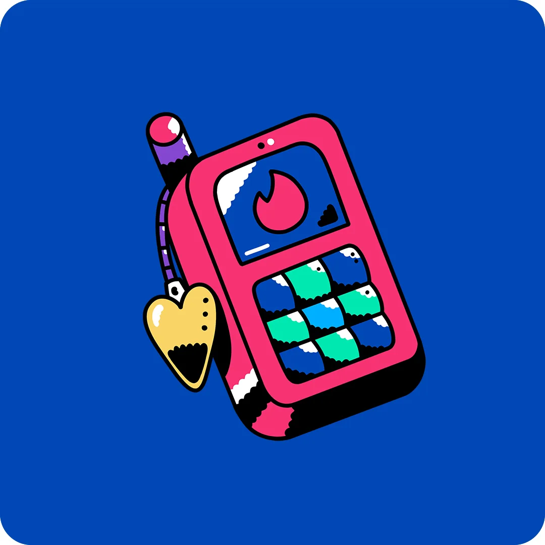 Illustration of a vintage pink cell phone with a screen showing a flame icon, blue and green keypad, a heart-shaped keychain, and a blue background.