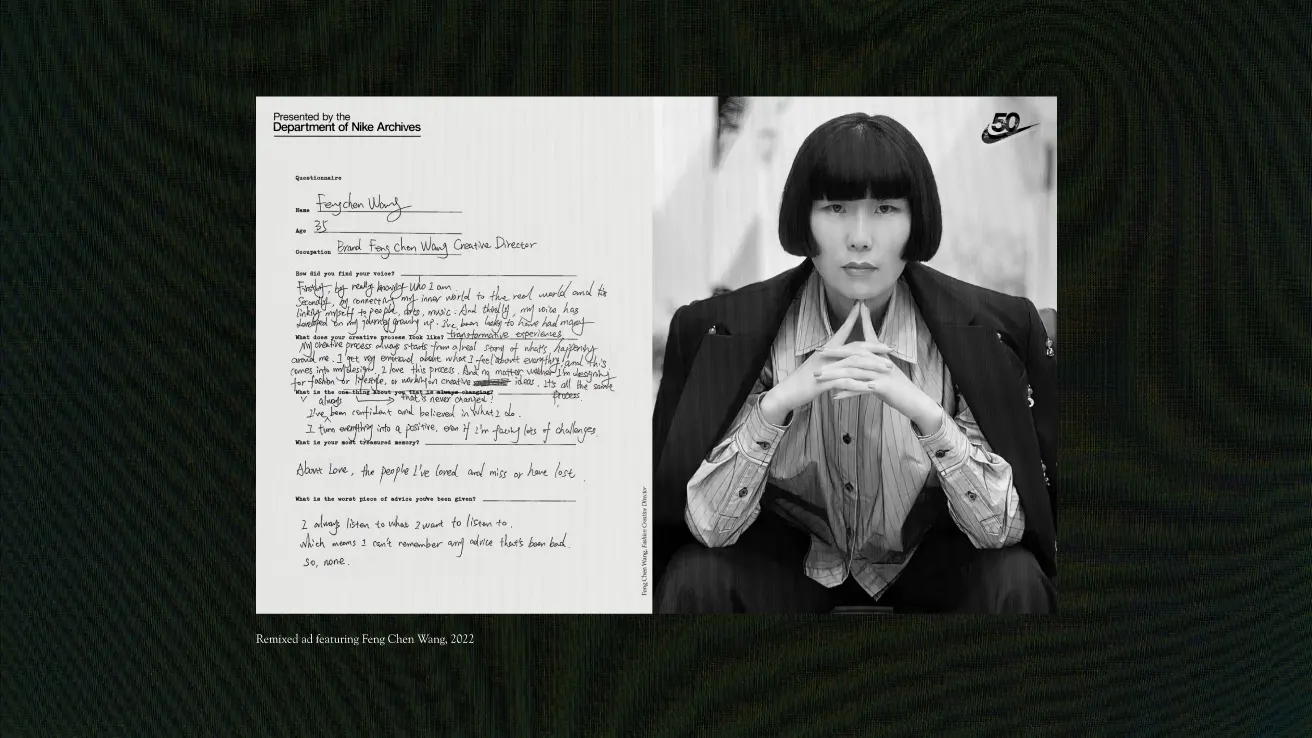 A black-and-white photo of a person with a short bob haircut, sitting with fingers steepled, wearing a striped shirt and jacket. Next to them is a handwritten note with the heading Presented by the Department of the Archives.