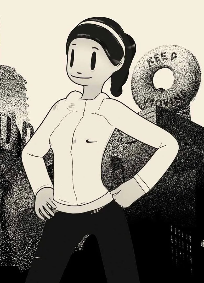 A cartoon woman in athletic wear stands confidently with hands on hips. In the background, urban buildings and a large donut-shaped sign read KEEP MOVING. The image has a black-and-white, sketch-like style.