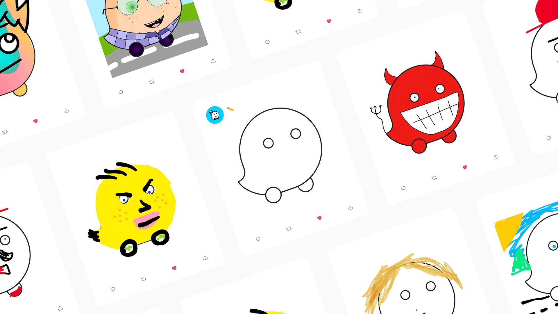 A collage of colorful, cartoonish, round-faced doodles with various expressions and accessories, including a devil, a smiley face, and a character with yellow hair, arranged diagonally on a white background.