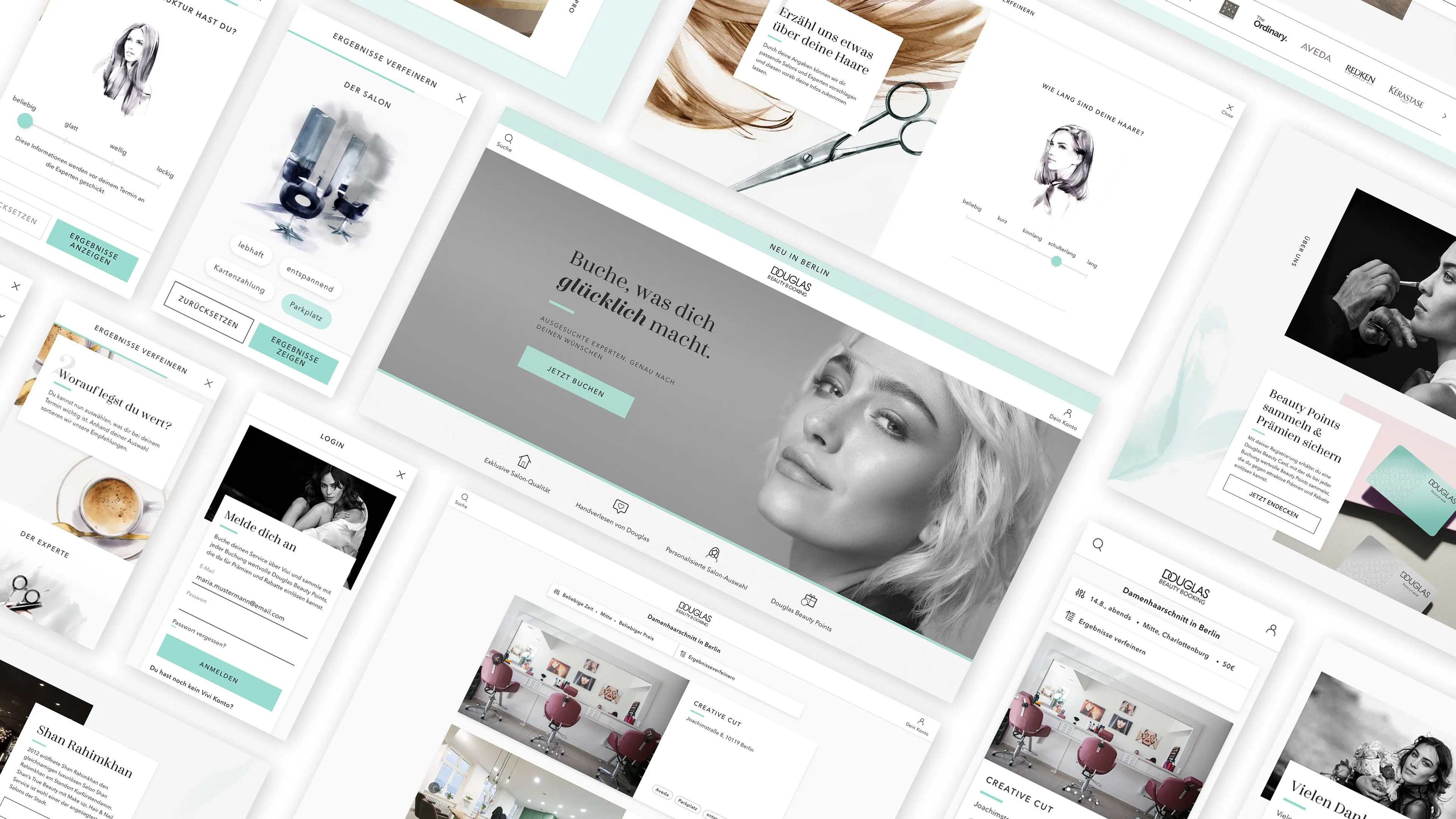 A collage of beauty and salon website mockups featuring images of women, hair salon chairs, and coffee, with a clean, modern design in white, light blue, and gray tones. Various interface elements and product photos are shown.
