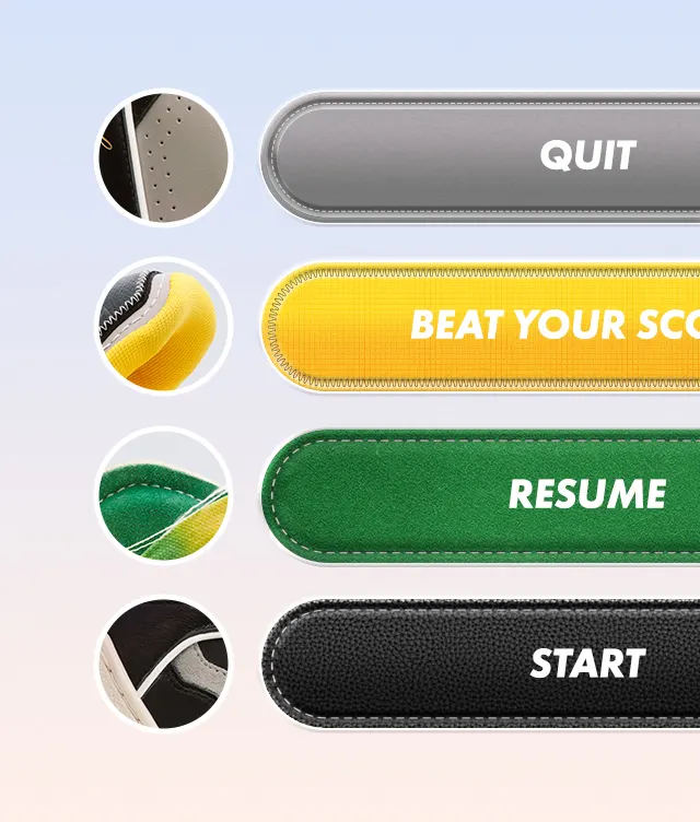 Four buttons labeled “QUIT,” “BEAT YOUR SCORE,” “RESUME,” and “START,” each with unique colors and textures. Each button has a circular close-up showing fabric and stitching details. Background is a light blue-to-white gradient.