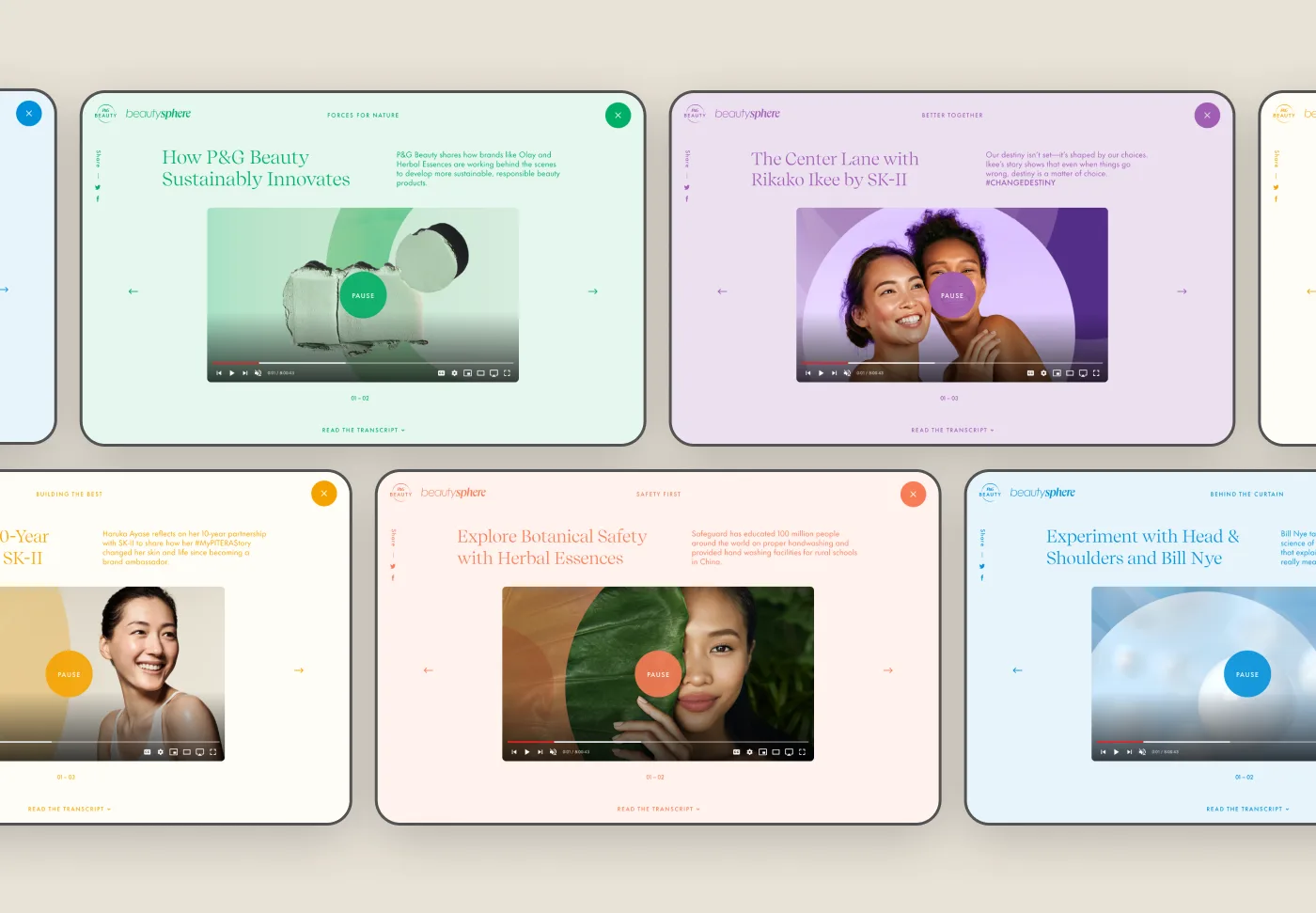 A collage of six website video thumbnails features diverse women, pastel backgrounds, and text headlines about beauty, skincare, and innovation from brands like P&G Beauty, SK-II, and Head & Shoulders.