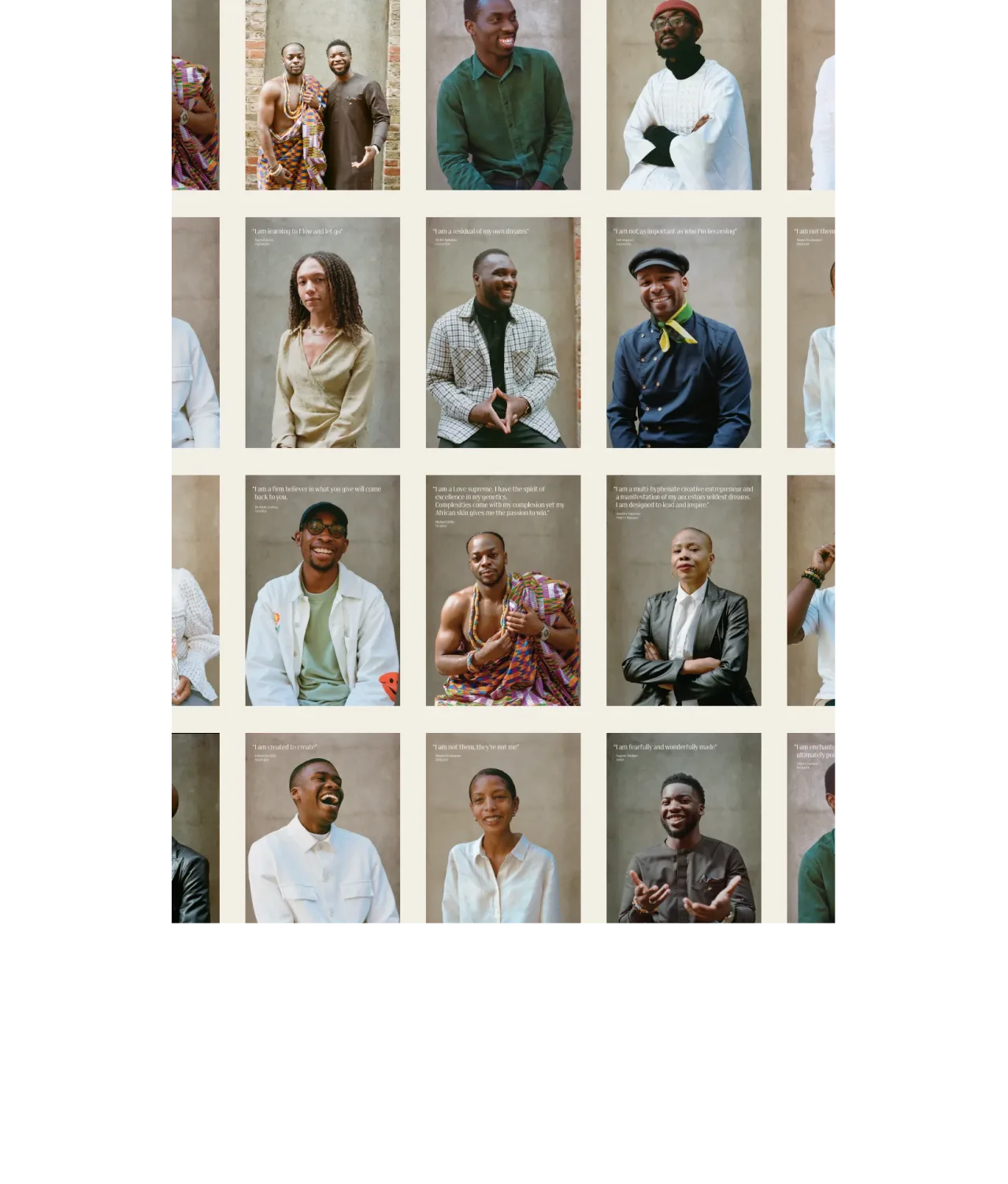 A collage of 18 portrait photos featuring diverse individuals posing against a plain, light background, each expressing unique emotions and wearing various styles of clothing.