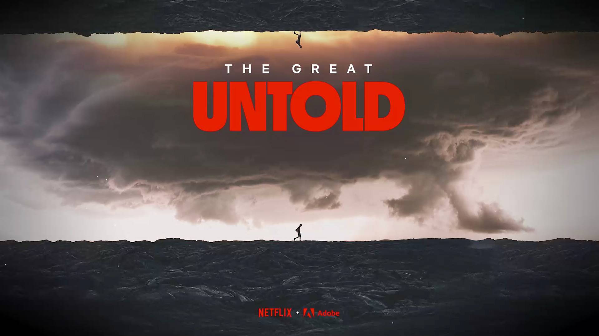 A dramatic landscape with a dark, cloudy sky and a lone figure walking on rough terrain. Bold red text in the center reads UNTOLD with THE GREAT above it. Netflix and Adobe logos appear at the bottom.
