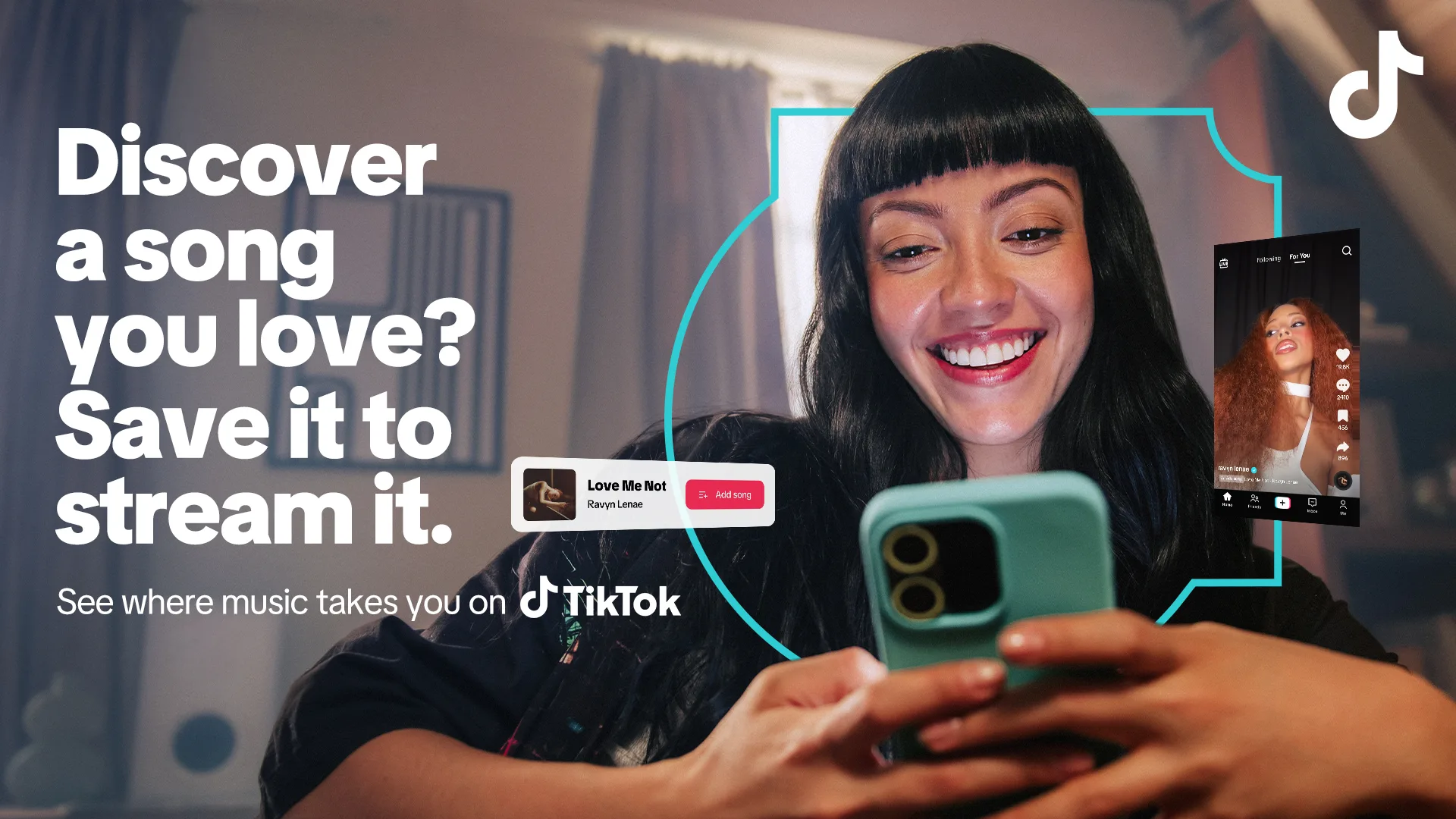 A smiling woman holding a phone looks at the screen while TikTok branding and the text “Discover a song you love? Save it to stream it” appear alongside music and app icons.