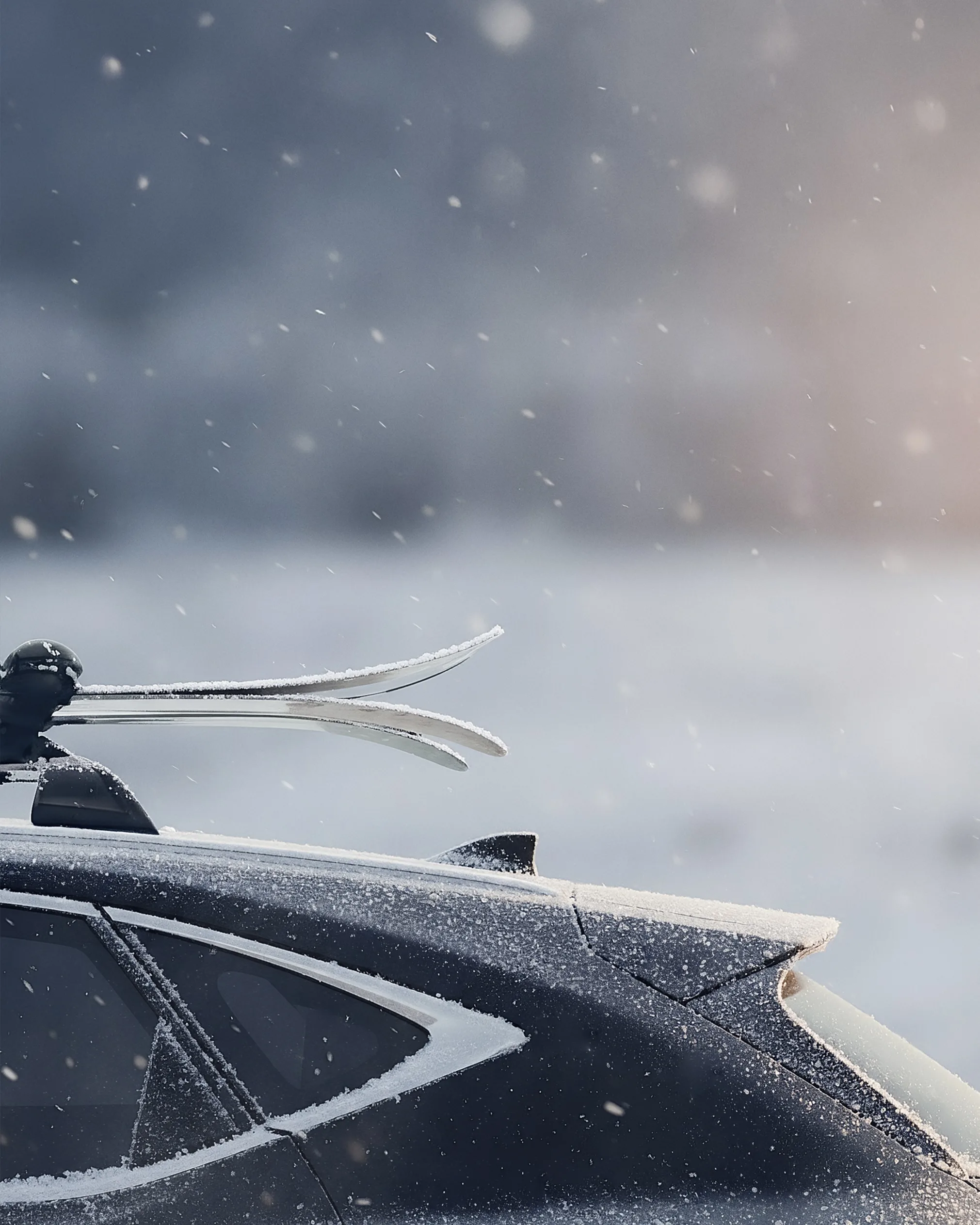 Close-up of a car roof with skis attached, covered in a light layer of snow, as snow falls against a blurred wintry background.