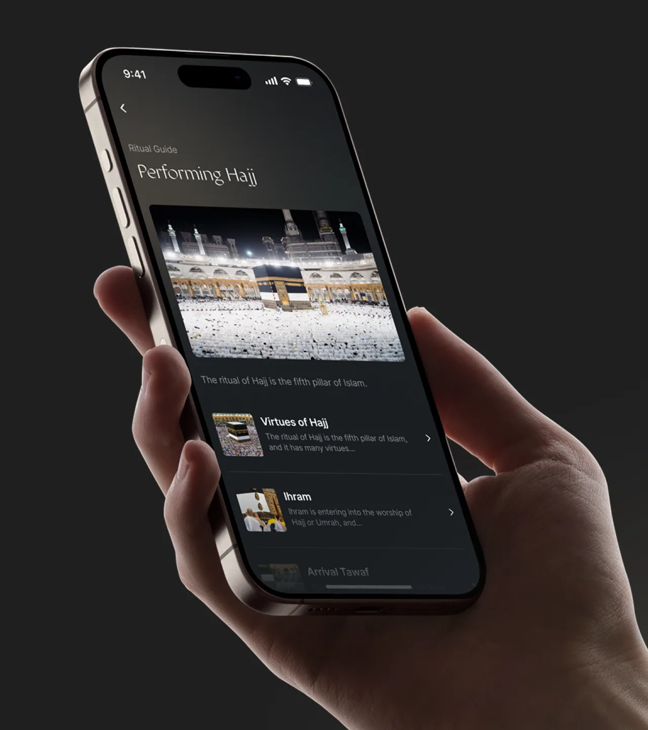 A hand holds a smartphone displaying a guide about performing Hajj, showing an image of the Kaaba and a list of ritual steps, including Virtues of Hajj and Ihram, on a dark background.