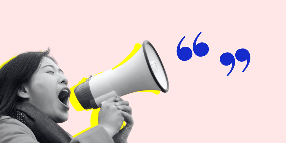 A person shouts into a megaphone, with blue quotation marks illustrated in the air. The background is light pink with a yellow outline highlighting the figure.