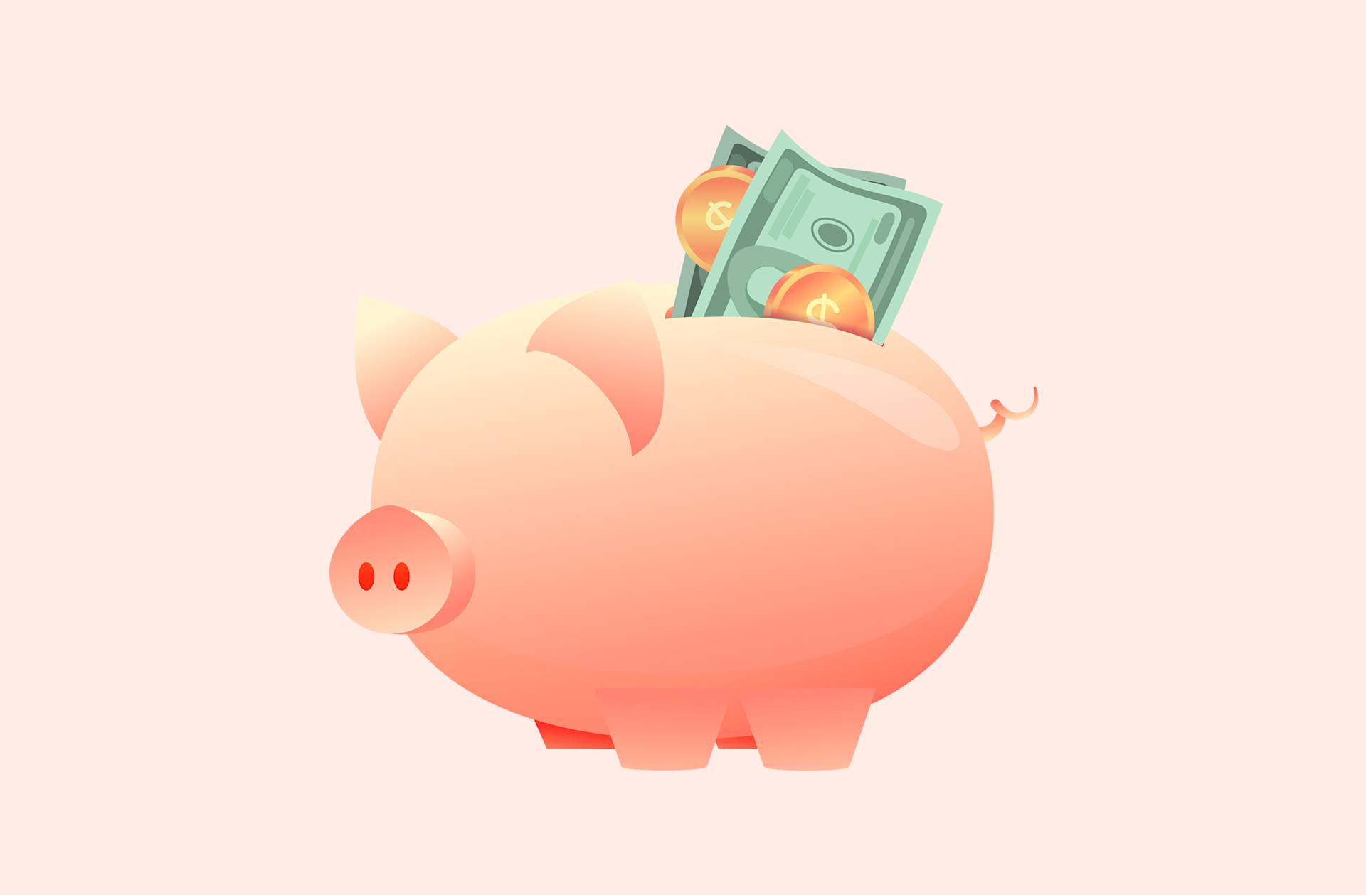 A pink piggy bank with paper bills and gold coins sticking out of its slot, symbolizing saving money or financial savings, on a light background.