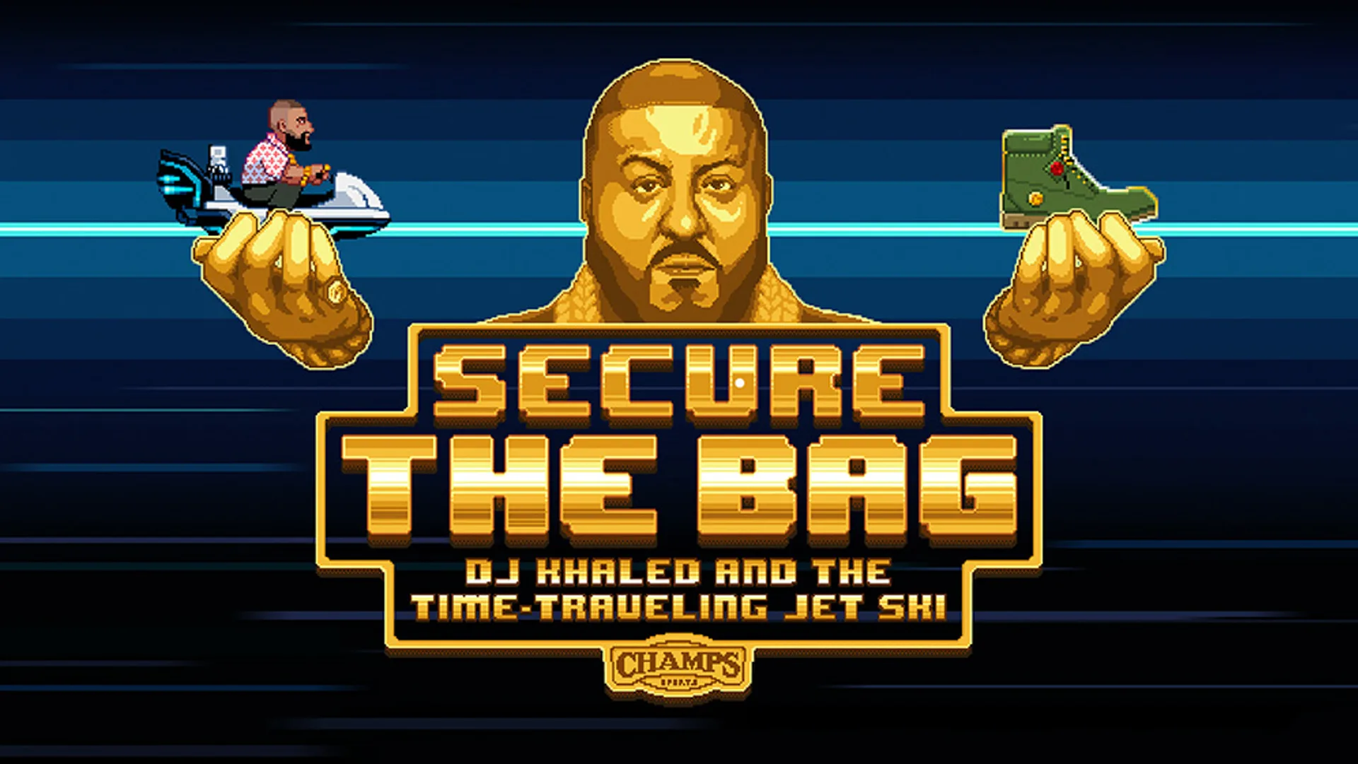 Pixel art image of DJ Khaled holding a jet ski with himself riding it in one hand and a green sneaker in the other, with text: Secure The Bag—DJ Khaled and the Time-Traveling Jet Ski.