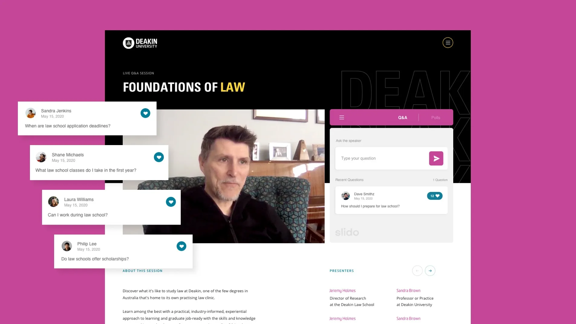 A man sits in an armchair during an online Foundations of Law session by Deakin University. Onscreen, Q&A messages from students appear, with a sidebar showing details and options for the live session.
