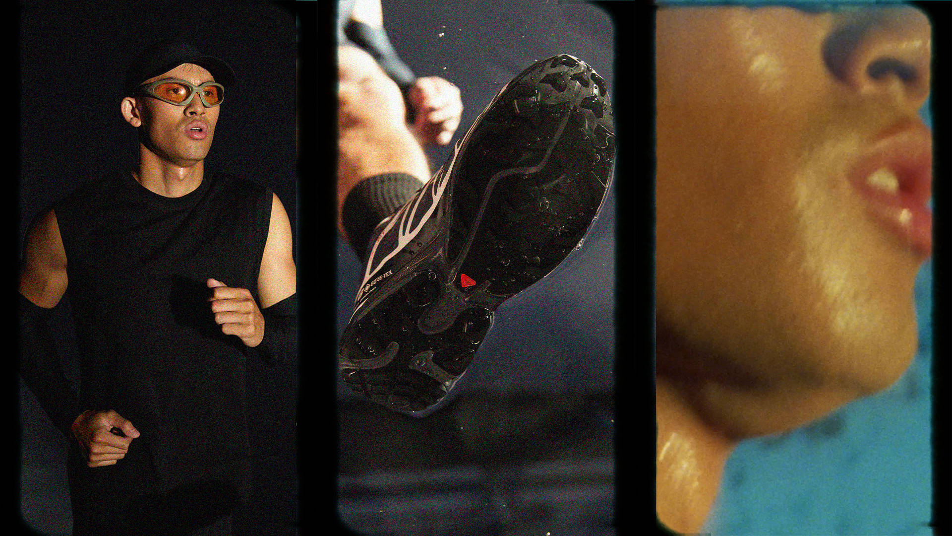 A collage of three images: a man running in black athletic wear and orange glasses, a close-up of a running shoe’s sole mid-air, and an extreme close-up of a persons lips and chin.