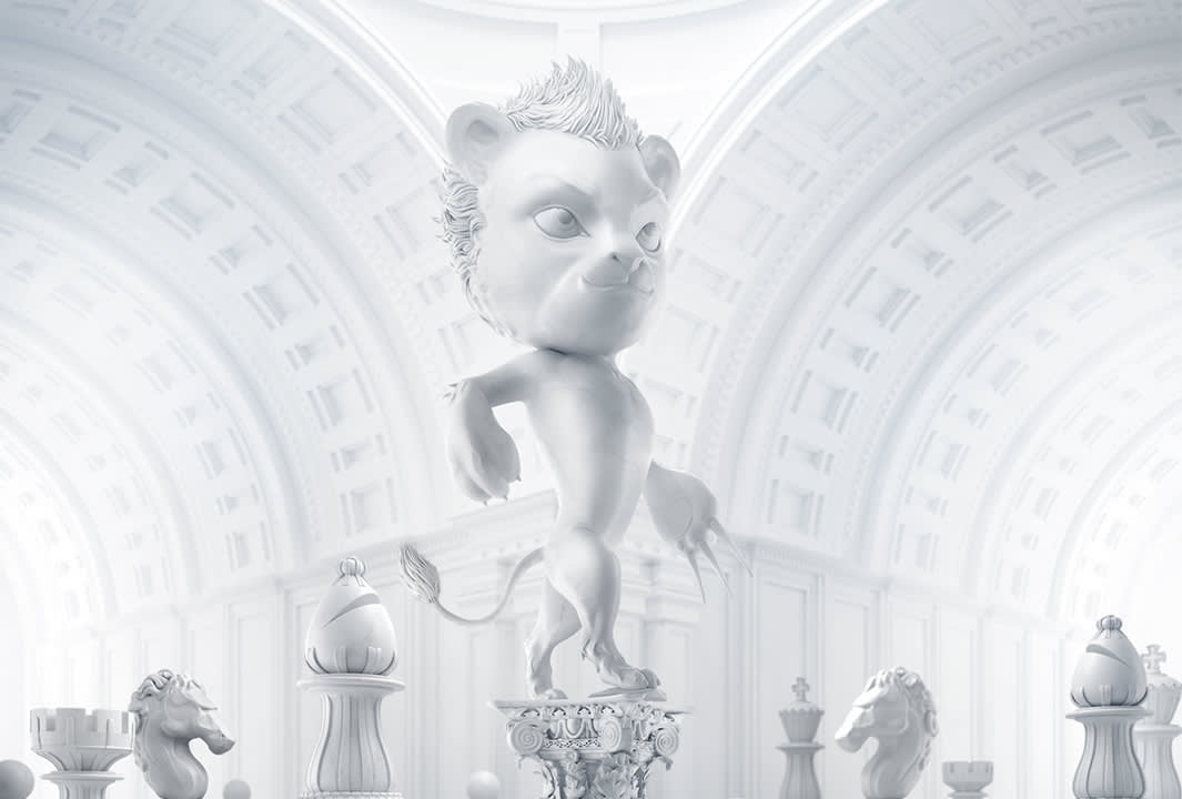A stylized, white lion chess piece with a humanoid body stands on a pedestal in an ornate, bright white hall, surrounded by other chess pieces with animal-like features.