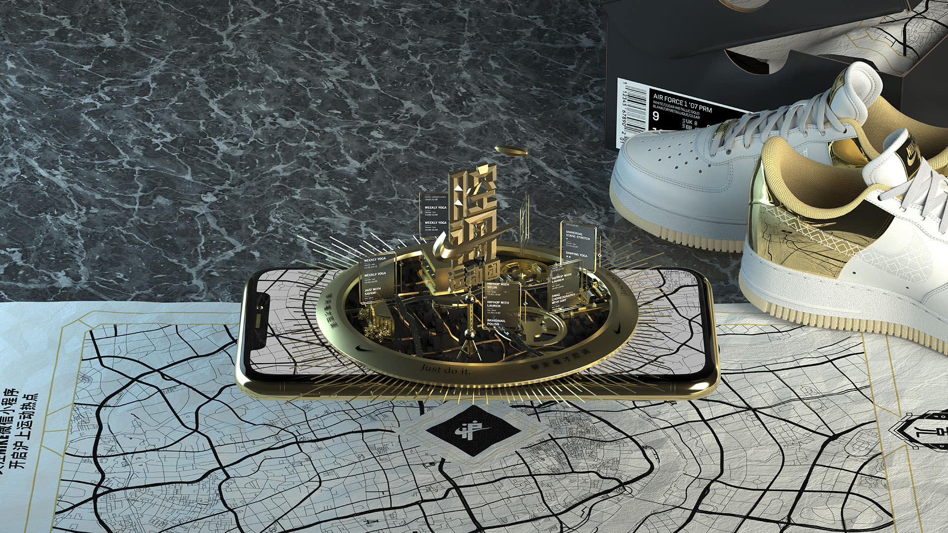 A smartphone on a map displays a 3D gold cityscape hologram. Nearby are white sneakers with gold accents and a shoebox on a dark marble surface. The scene blends digital, urban, and fashion elements.