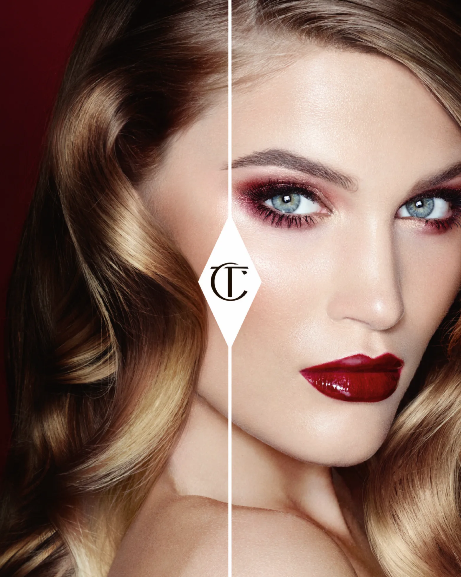A woman with wavy blonde hair and blue eyes is shown with glamorous makeup: bold red lipstick, red smoky eye shadow, and defined brows. A white split line and a CT logo appear over her face.