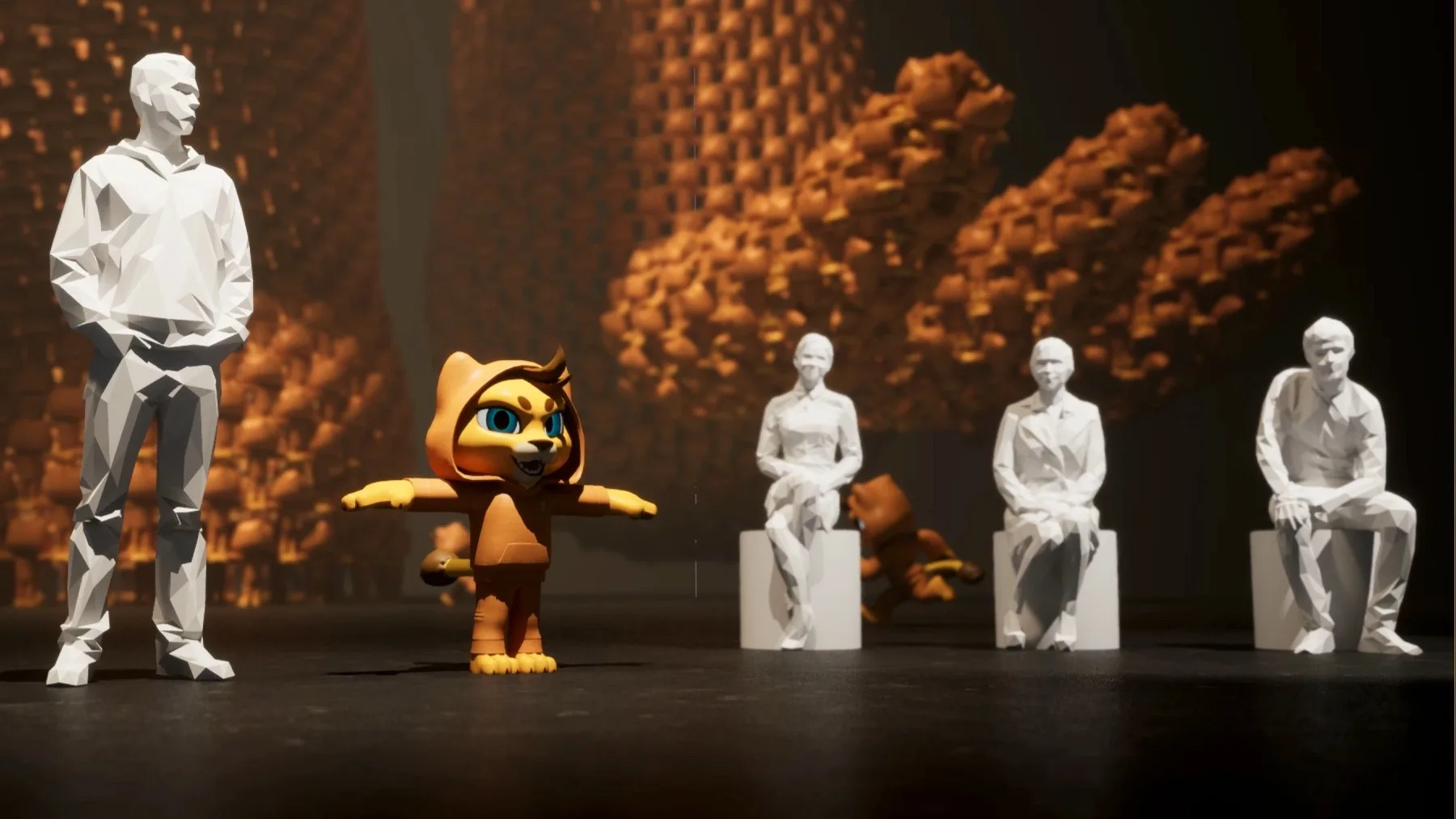 A stylized cartoon character in an animal costume stands with outstretched arms among four white, geometric human sculptures, set against a dark background with orange, abstract patterns.