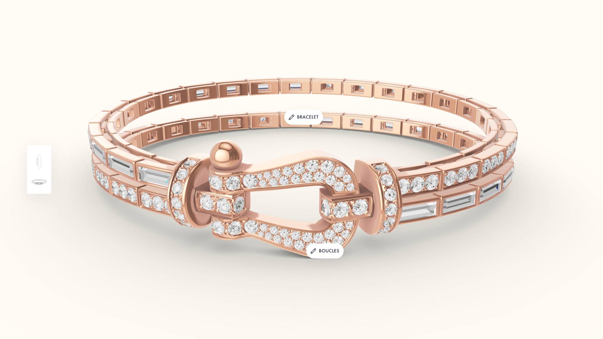 A rose gold bracelet featuring a clasp adorned with round and baguette-cut diamonds, displayed on a light background with labeled tags pointing to the bracelet and the buckle.