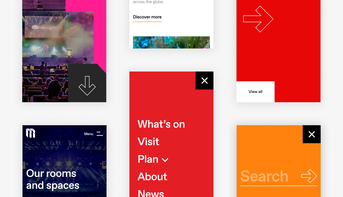 A collage of colorful website interface elements, including arrows, search boxes, menus, and text blocks in red, orange, white, and black with bold typography and modern design.