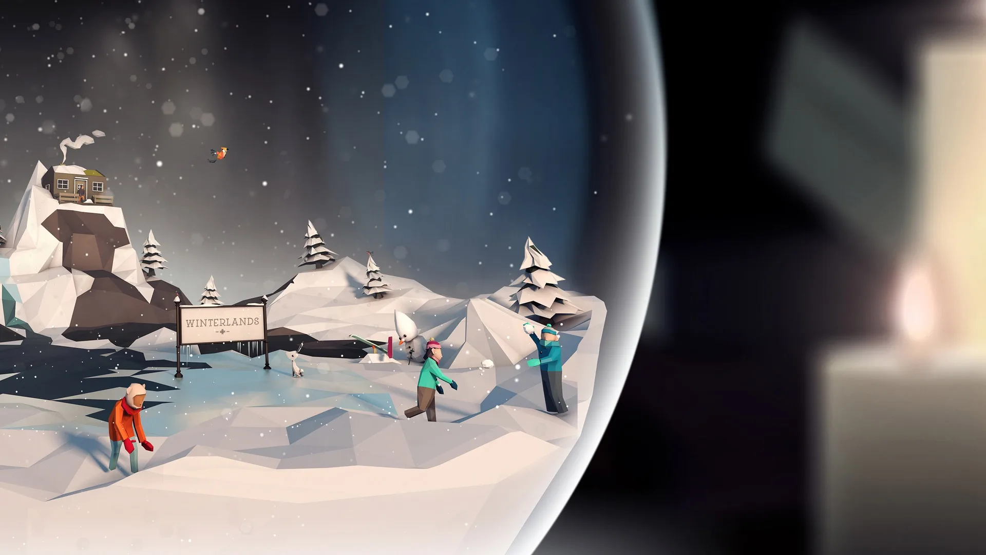 A stylized winter scene inside a snow globe shows people in colorful clothes playing in the snow near pine trees, a cabin on a hill, and a sign reading Winterlands, with snow gently falling.