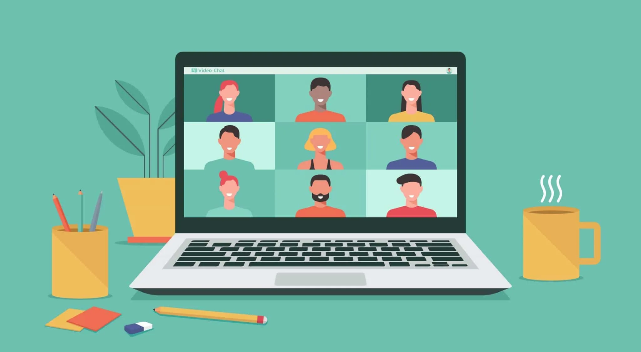 Illustration of a laptop displaying a video call with nine diverse people in separate boxes. The scene includes a plant, a cup of coffee, a pencil, an eraser, and paper on the desk.