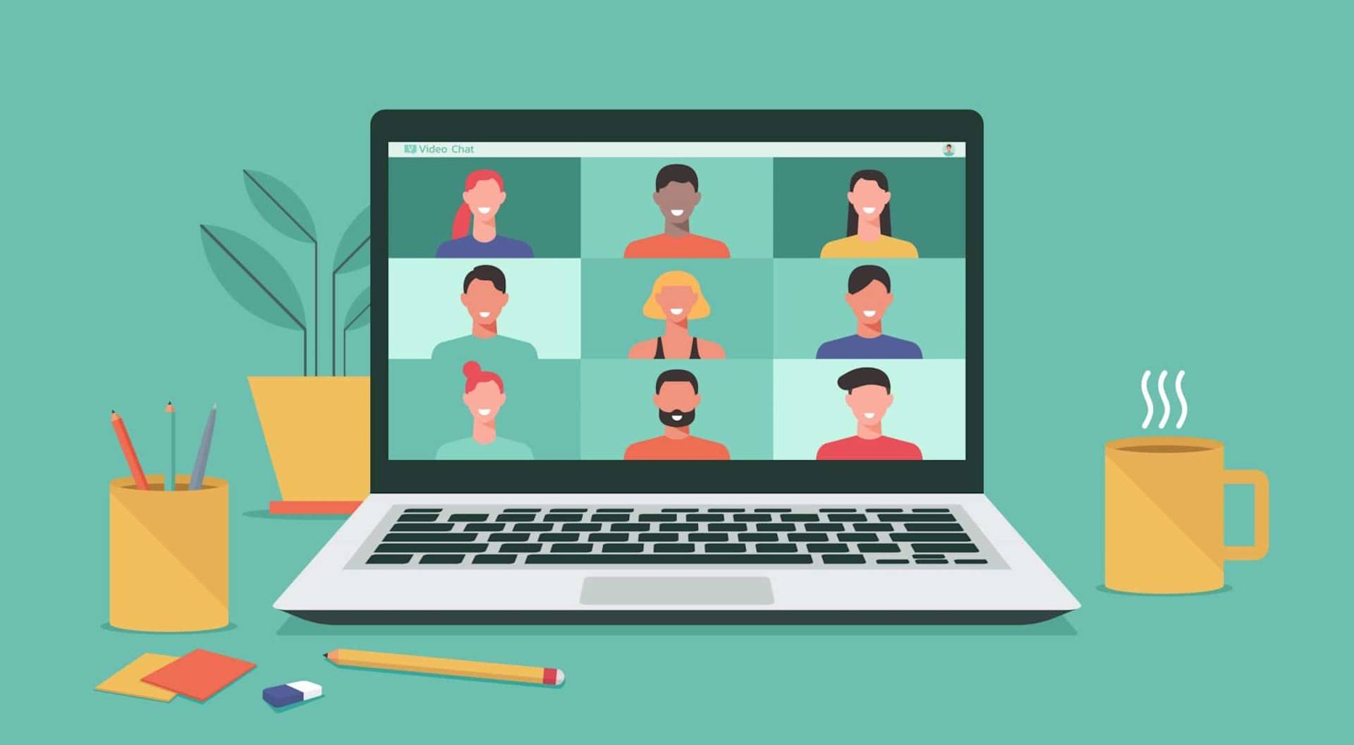 Illustration of a laptop displaying a video call with nine diverse people in separate boxes. The scene includes a plant, a cup of coffee, a pencil, an eraser, and paper on the desk.