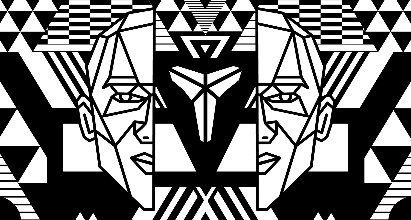 Black and white geometric illustration featuring two abstract, angular human faces on each side and a symmetrical central pattern with triangles and rectangles in the background.