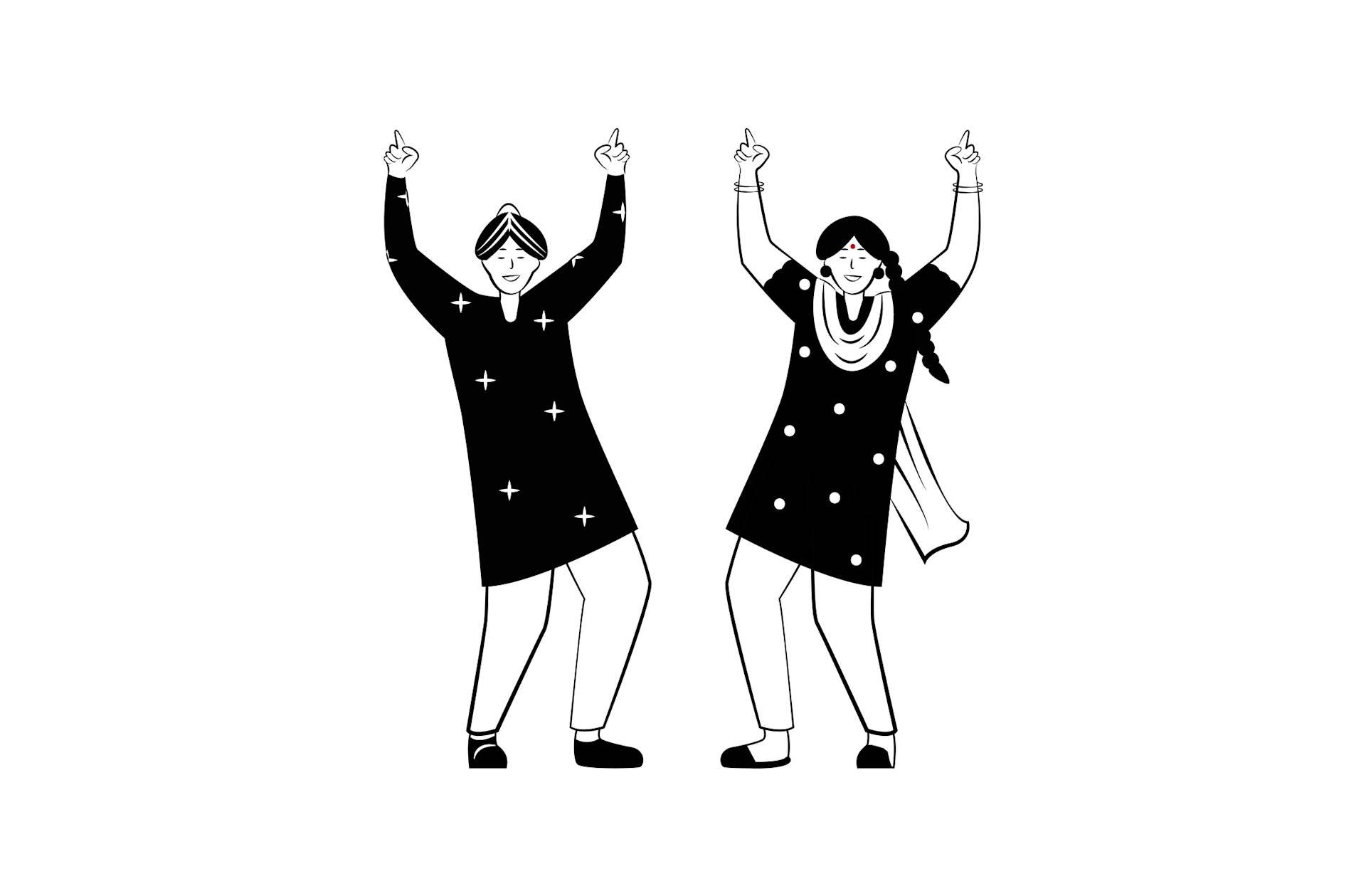 A black and white illustration of two people in traditional Indian attire dancing with arms raised and fingers pointing upwards, smiling and looking joyful.