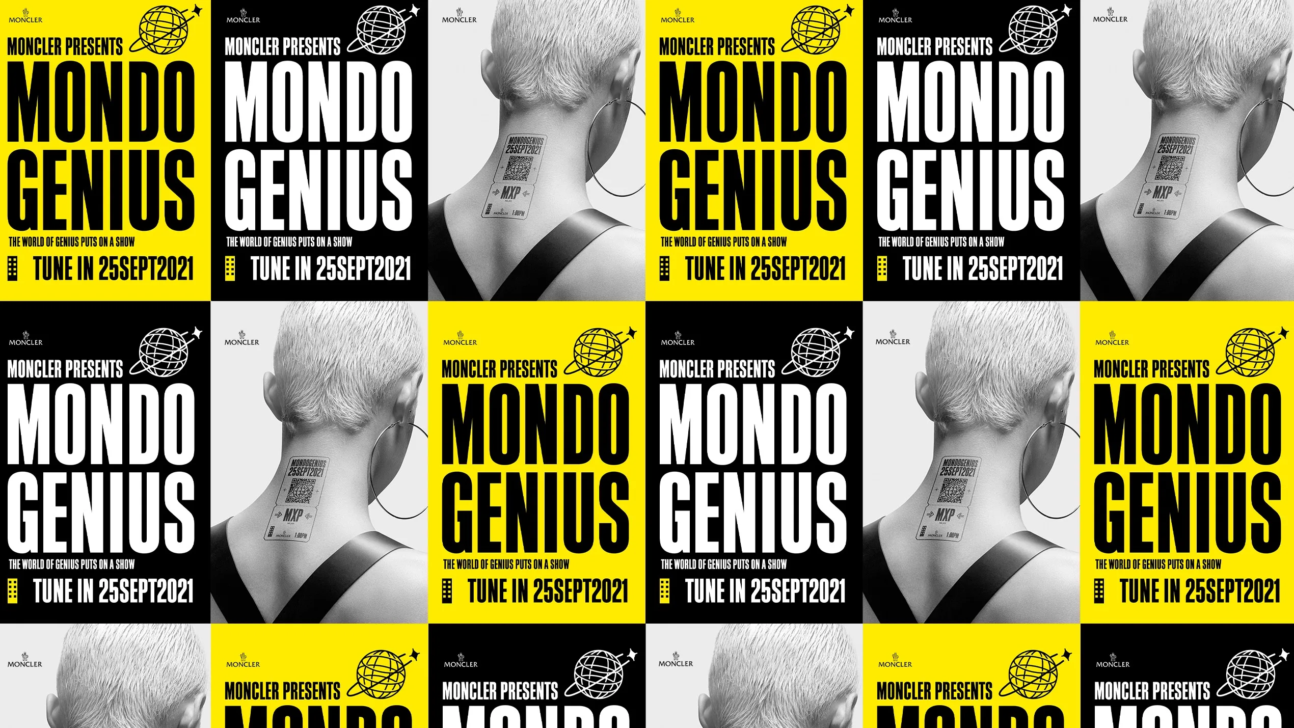 A repeated poster design featuring a person with short, platinum blonde hair from behind, text reading MONCLER PRESENTS MONDO GENIUS, TUNE IN 25SEPT2021, bold yellow and black colors, and a stylized globe graphic.
