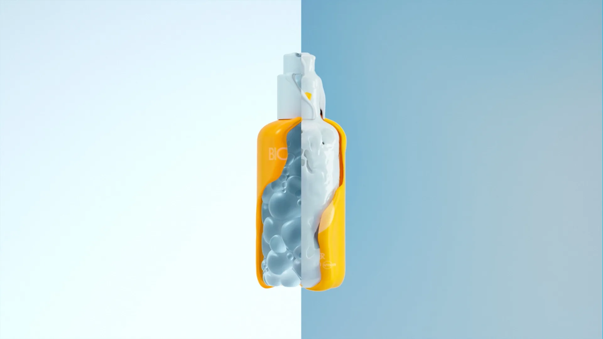 A yellow spray bottle is split in half vertically, revealing white foam and bubbles inside. The background is divided into light blue on the left and darker blue on the right.