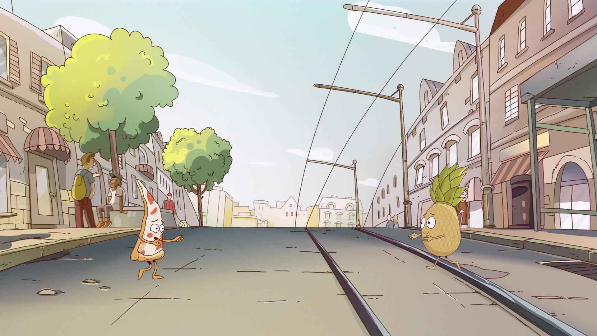 Cartoon scene of a quiet city street with tram tracks. A pizza slice character and a pineapple character face each other in the road. Trees, buildings, and a few people are visible in the background.