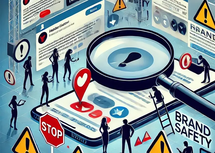 Illustration of people interacting with a giant smartphone displaying social media icons, warning signs, magnifying glass, stop sign, and the words Brand Safety, symbolizing online brand protection.