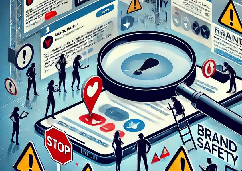 Illustration of people interacting with a giant smartphone displaying social media icons, warning signs, magnifying glass, stop sign, and the words Brand Safety, symbolizing online brand protection.