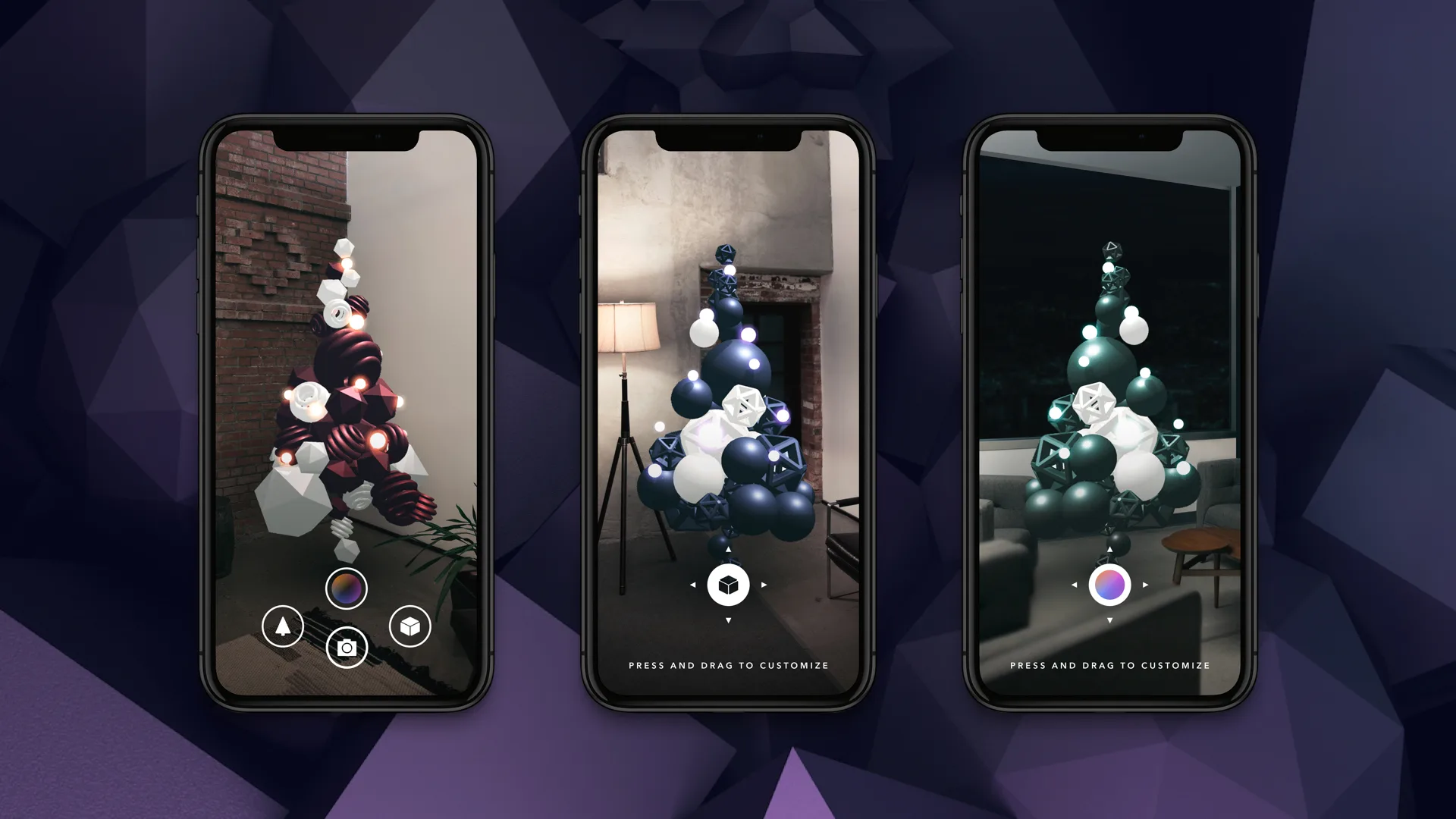 Three smartphones display a virtual, abstract Christmas tree in augmented reality, each placed in different environments—a brick wall, a cozy living room, and a dark stadium. Customization options appear on screen.