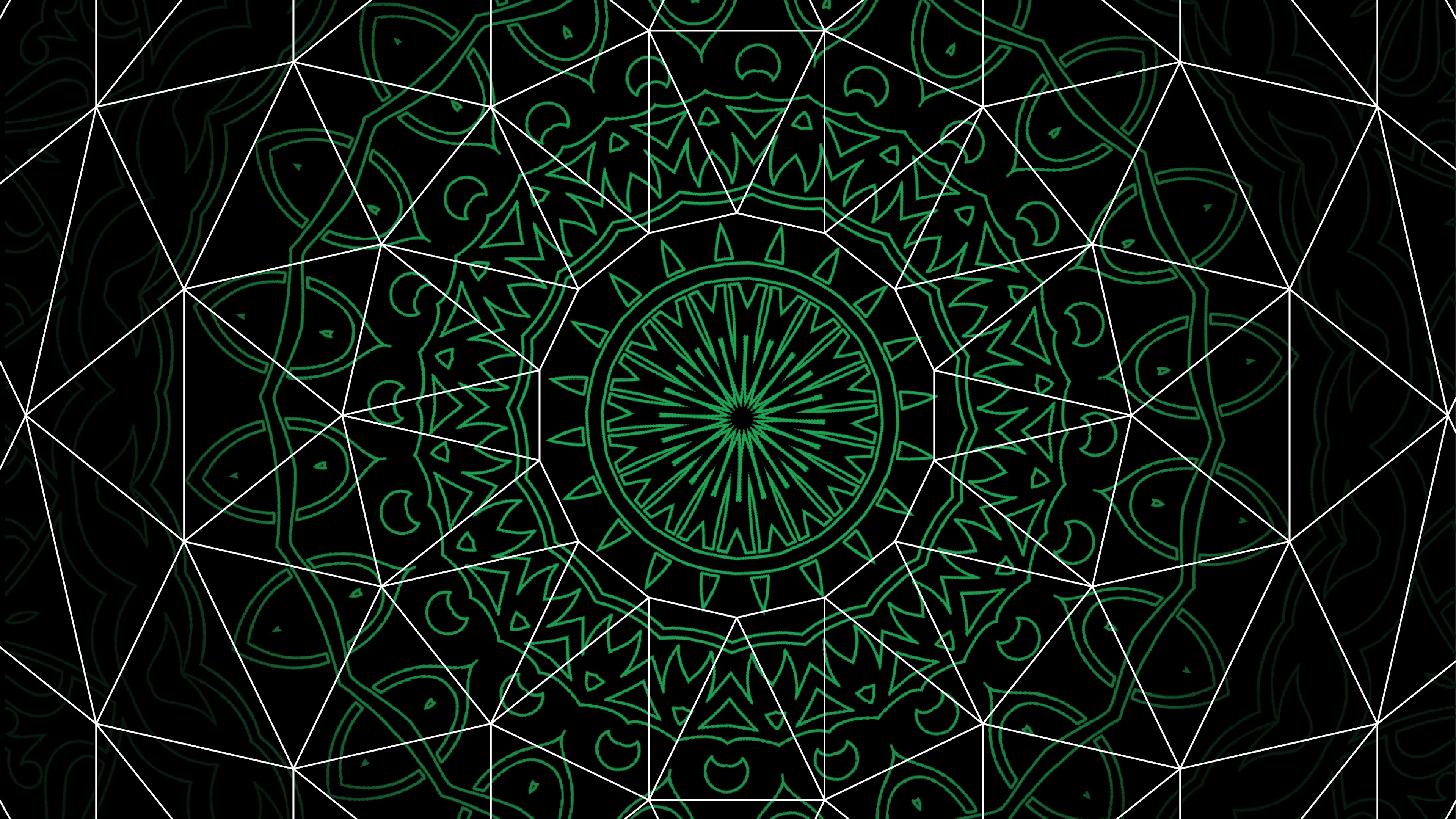 A symmetrical, green mandala pattern with intricate geometric and floral designs on a black background, intersected by thin white lines forming overlapping shapes.