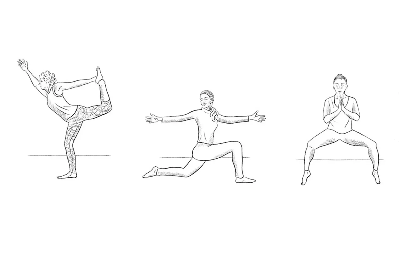 Black and white illustration of three people in different yoga poses: dancer pose on the left, low lunge with arms wide in the center, and goddess pose with hands in prayer on the right.