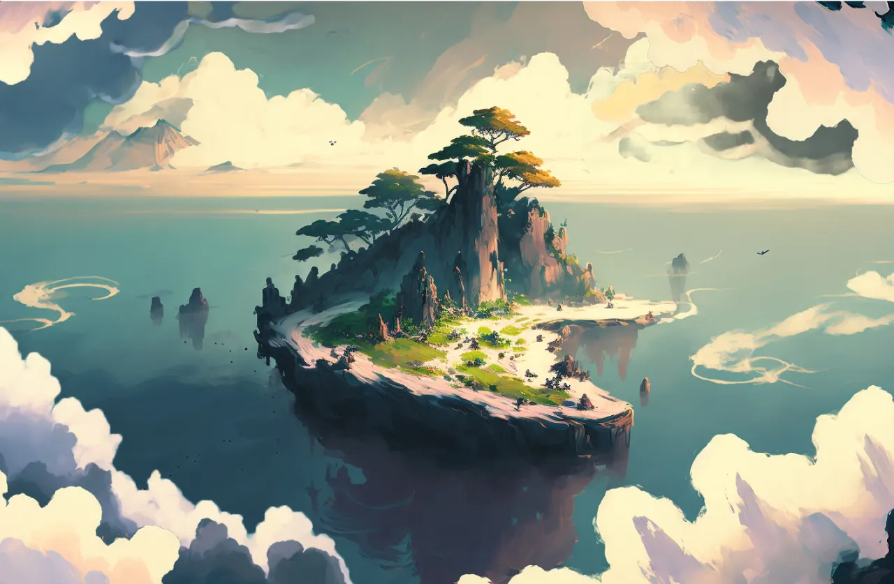 Illustration of a small fantasy island with trees and mountains in the middle of the sea, surrounded by clouds.