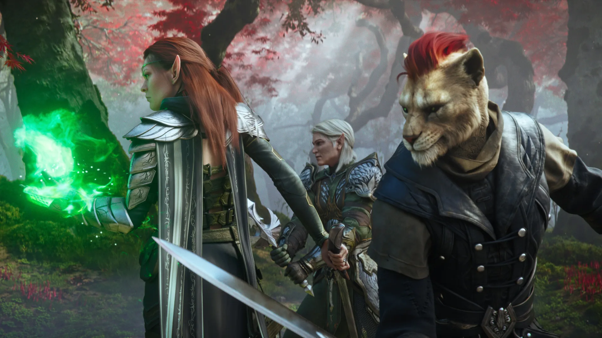 Three fantasy characters stand in a forest: an elf woman casting a green spell, an armored human with a sword, and a humanoid feline warrior with red hair. Autumn trees and mist fill the background.