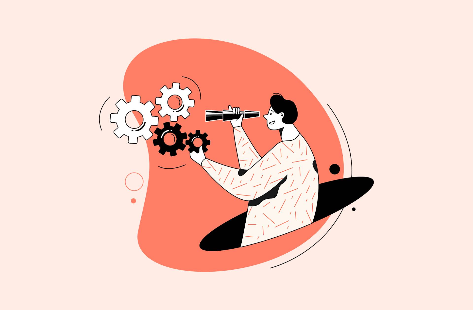 Illustration of a person emerging from a black oval, holding gears in one hand and looking through a telescope, with more floating gears in the background on an orange abstract shape.