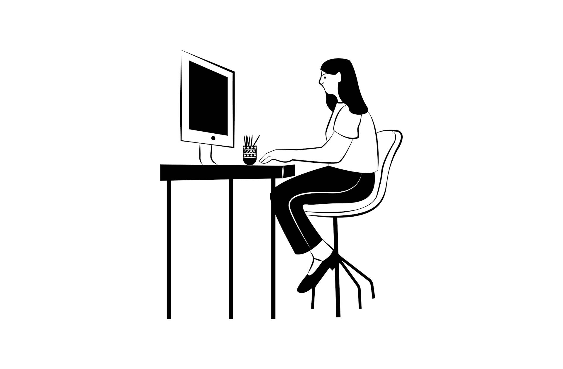 Black and white illustration of a woman sitting on a chair at a desk, working on a computer. A small potted plant is placed on the desk beside the monitor.